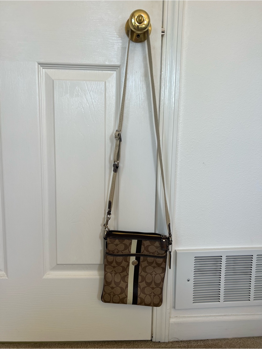 Coach Brown Signature Crossbody with Cream Stripe